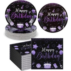 SiliFine 120 Pcs Happy Birthday Party Supplies Tableware Set Disposable Happy Birthday Plates and Napkins for 60 Guests Man Woman 50th 70th 80th Birthday Party Decorations (Black Purple)