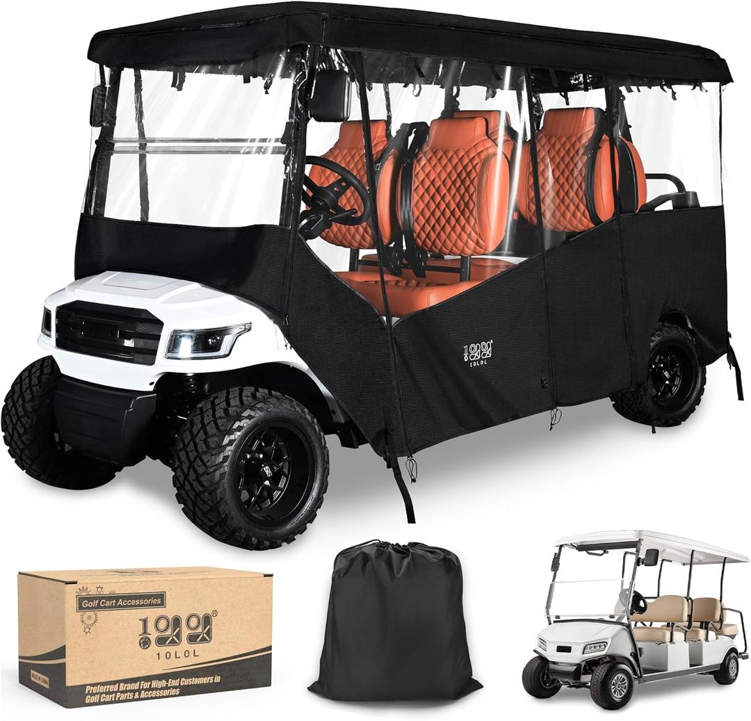 10L0L Golf Cart Driving Enclosures 6/4+2 Passenger Extended Roof, Universal Golf Cart Rain Cover for Yamaha EZGO TXT RXV Club Car Precedent DS 138" Roof 600D Waterproof Heavy Duty Zipper-Black