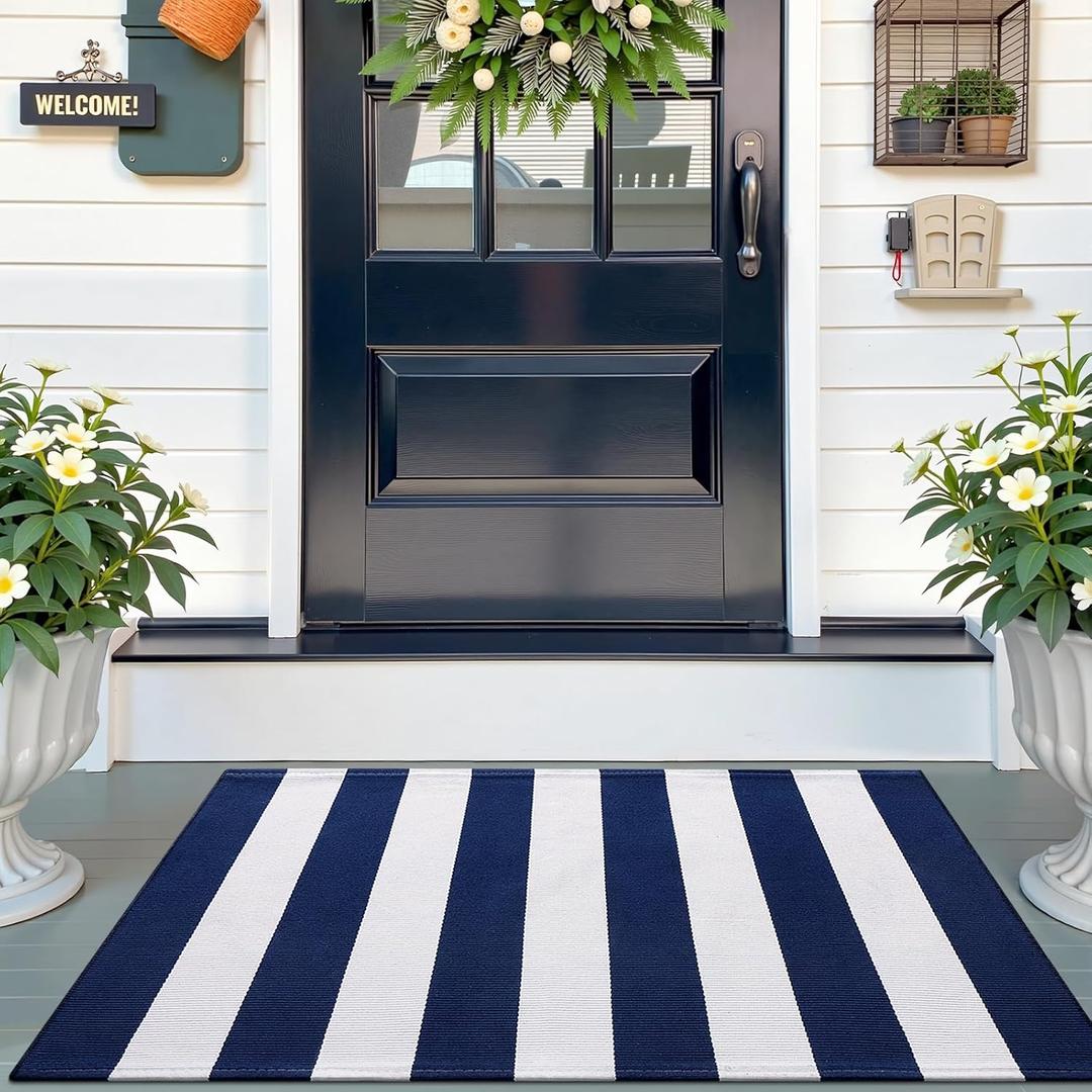OLANLY Navy and White Striped Rug 2'4" x 3'7" (27.5" x 43")  Washable Cotton Indoor Outdoor Doormat for Front Door, Entryway, Kitchen, Porch, Patio Decor