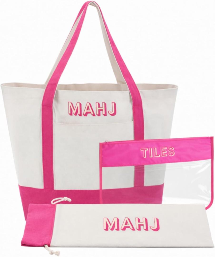3 Pcs Empty Mahjong Canvas Bag Gift Embroidered American Mahjong Set Incl Tiles Bag and Racks & Pushers Drawstring Bags(Pink,Regular)