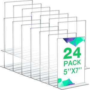 Amyhill 24 Pack Acrylic Sign Holder Plastic Standing Frame Clear Table Menu Double Sided T Shape Poster Acrylic Frame for Wedding Party Office Restaurant Hotel (5 x 7 Inch)