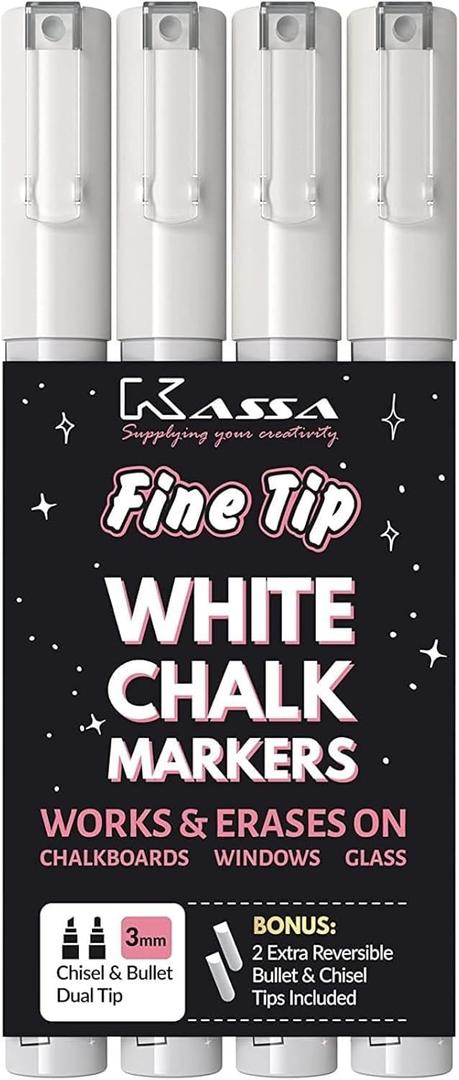Kassa Fine Tip White Chalk Markers - 4-Pack, 3 mm Dual-Ended Bullet & Chisel - Erasable Liquid Chalk - Dust-Free on Boards, Windows & Mirrors