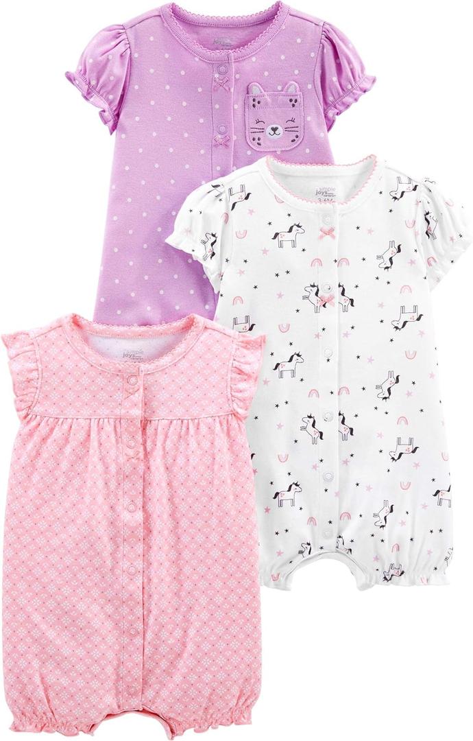 Simple Joys by Carter's Baby Girls' 3-Pack Snap-up Rompers, Light Pink/ Lilac Dots/ White Unicorn, 18 Months