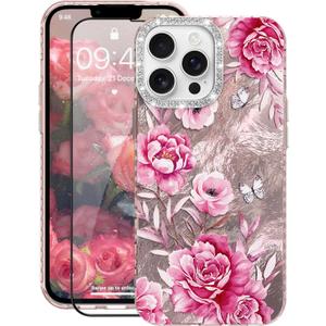 for iPhone 13 Pro Case Glitter, with Screen Protector, Cute Rose Floral Design with Diamond Bling Lens Frame Protection Slim Fit Shockproof Protective Phone Cover for Women Girls -Pink