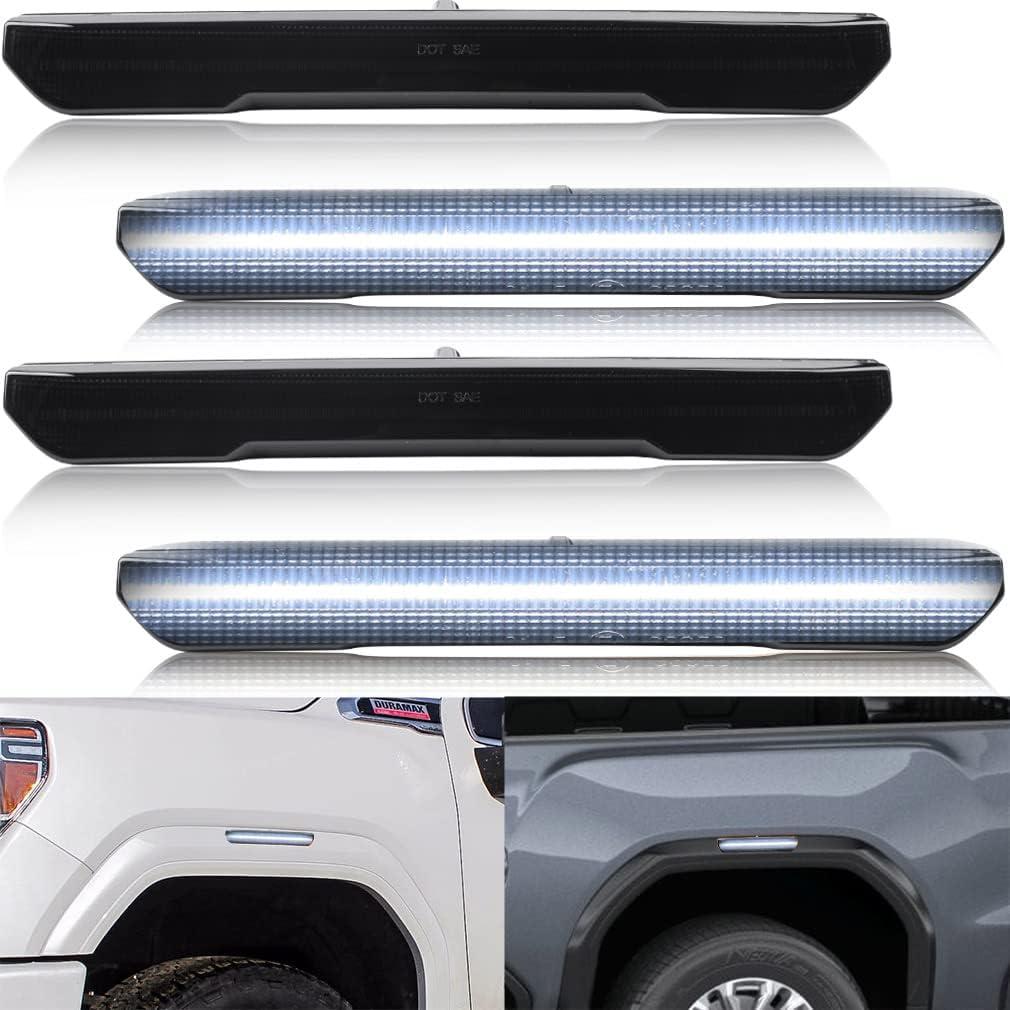 LED Side Marker Lights Assembly for 2020 2021 2022 2023 2024 2025 GMC Sierra 2500HD 3500HD Canyon 23-25 White 4pcs Sidemarker Turn Signal Light Wheel-Well Fender Lamps OEM 84185031 84806032 (White Front Rear(Smoked Lens))