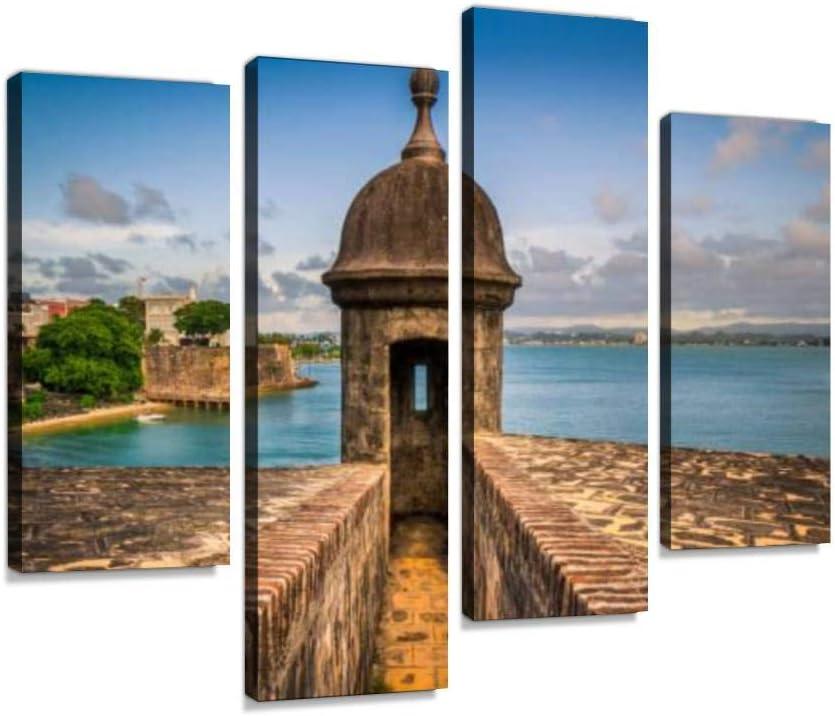 HIPOLOTUS 4 Panel Canvas Pictures old san juan survelliance outpost puerto rico stock pictures royalty Wall Art Prints Paintings Stretched & Framed Poster Home Living Room Decoration Ready to Hang (4PCS, Color1), 12''x24''x 2pcs +12''x32''x 2pcs 