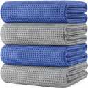 POLYTE 430 GSM Microfiber Oversize Quick Dry Lint Free Bath Towel, 60 x 30 in, 4 Pack (Waffle Weave) Pack Of 2 (Blue)