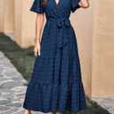 MASCOMODA Womens Summer Swiss Dot Maxi Dresses Wrap V Neck Flutter Short Sleeve Boho Casual Flowy Long Wedding Guest Dress (Blue, L)