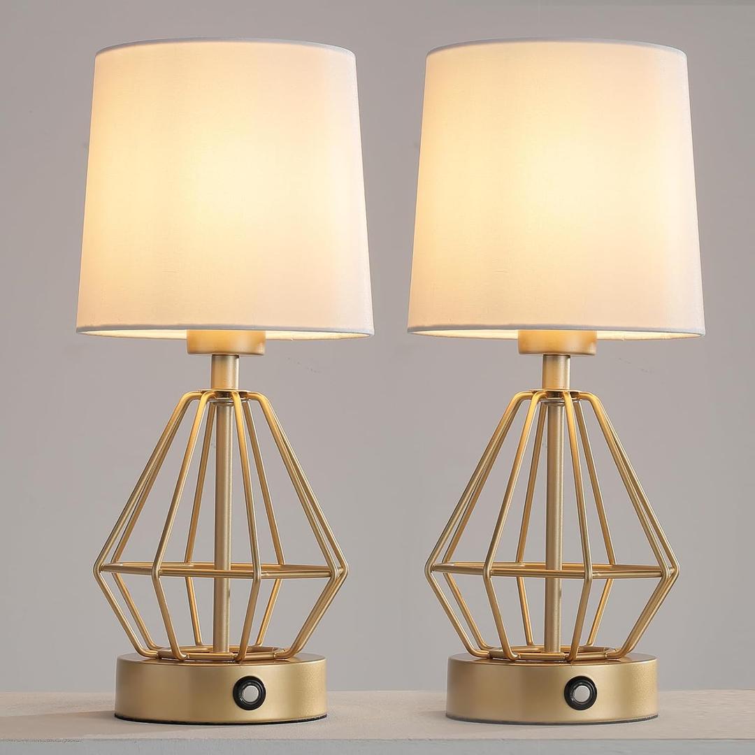 Gold Cordless Lamp Set of 2,Touch Stepless Dimming,8000mAh Rechargeable Battery Table Lamp,Gold Cage Frame Wireless Lamp,White Lampshade,14.7inches Tall