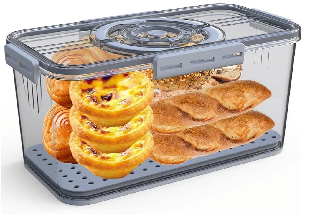 SpeaGles Bread Box with Lid and Handle,New Upgrade Time Recording Bread Storage Container for Kitchen Counter Airtight,Portable Bread Boxes for Homemade Breads, Toast, Bagel, Donut and Cookies(Grey)
