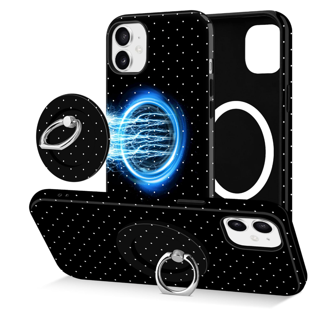 Compatible with Magsafe Polka Dot Phone Case for iPhone 12/12 Pro, Cute Aesthetic Magnetic Ring Holder Stand Case, Soft TPU and Hard PC Protective Phone Cover for Women Girls - Black Polka Dot