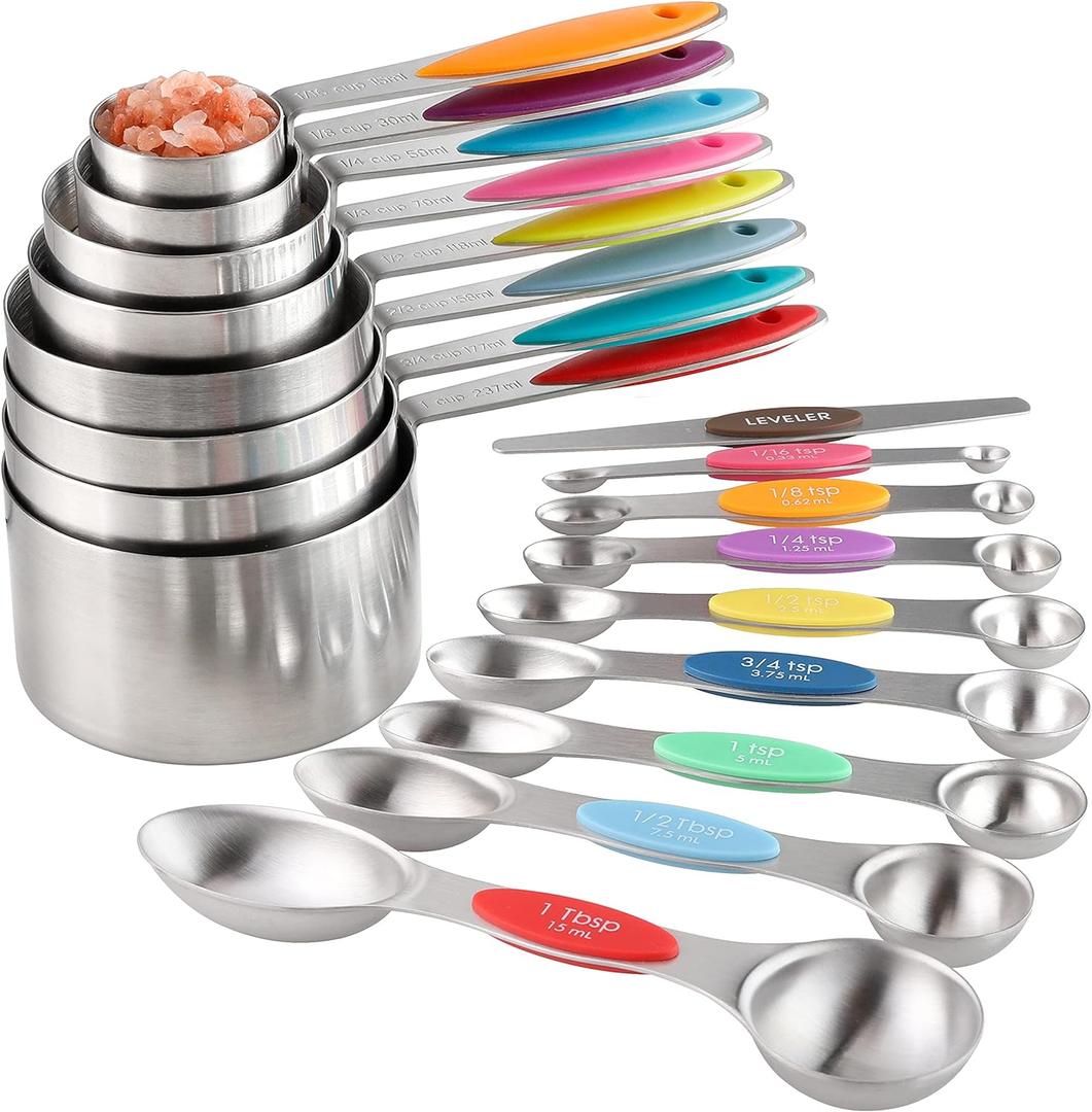 Measuring Cups and Spoons Set Stainless Steel Including 8 Stackable Measuring Cup 8 Double Sided Magnetic Measuring Spoons with 1 Leveler for Dry and Liquid Ingredients (Multicolor)