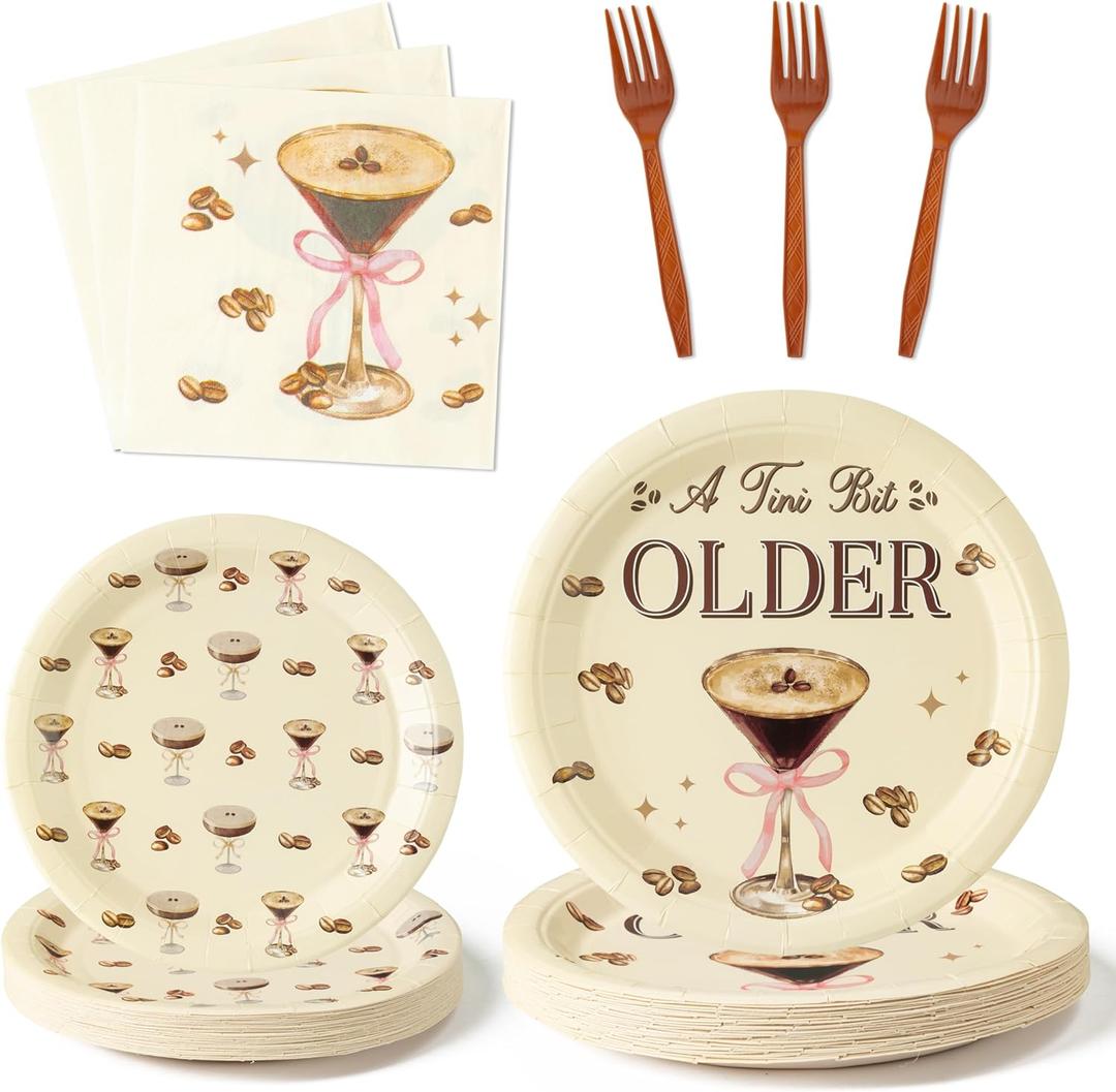 Martini Bow A Tini Bit Older Espresso Martini Cocktail Coffee Party Plates Supplies - Serves 24-96Pcs Party Tableware Decorations Disposable Paper Plates Napkin Fork for Birthday Bar Party