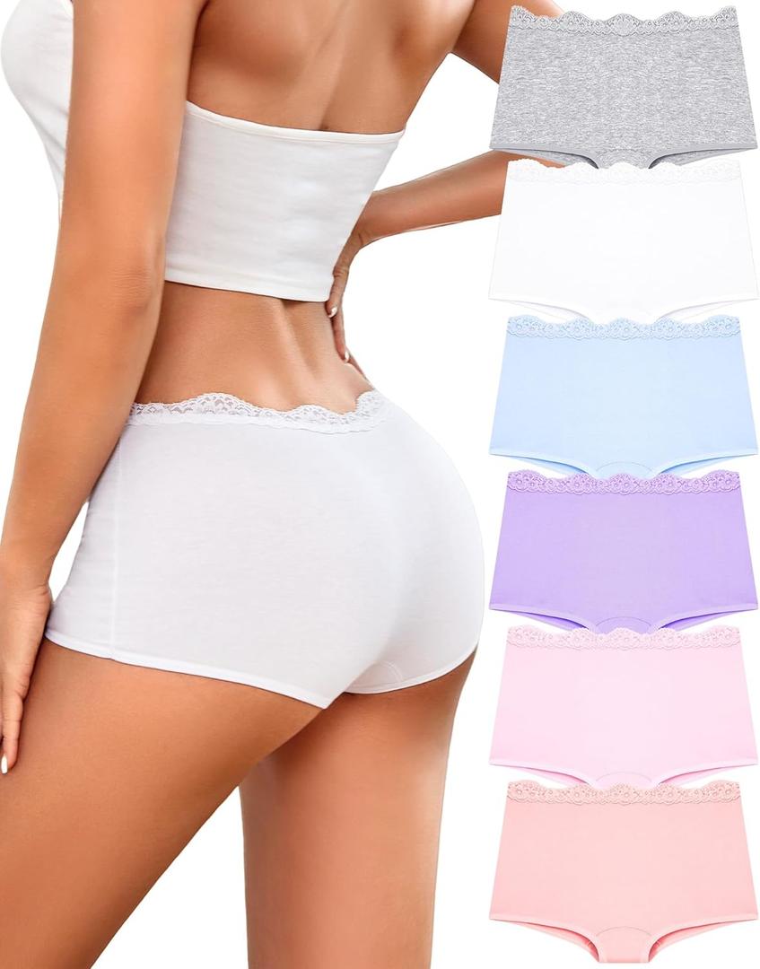 UNDER THE SEA Boy Shorts Underwear for Women Cotton Boxer Briefs Full Covreage Lace Boyshort Womens Panties 6 Pack (Medium)