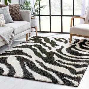 Well Woven Madison Shag Safari Zebra Black Animal Print Area Rug 5' X 7'2''