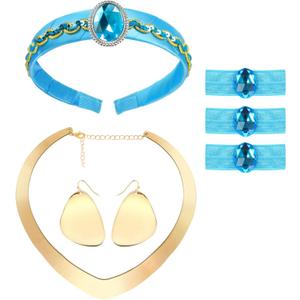 Pterosauria Princess Costume Accessories for Women girls include headband Gold Necklace and Earrings Hair Ties Halloween Dress Up Cosplay Party Supplies(7PCS)