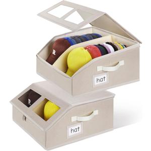 2 Pack Hat Storage for Baseball Caps-Holds Up to 48 Caps, Hat Organizer for Closet Stackable Hat Box with Cardboard, Dustproof Baseball Cap Organizer with 2 Handles for Home Travel (Beige, 2Pack)