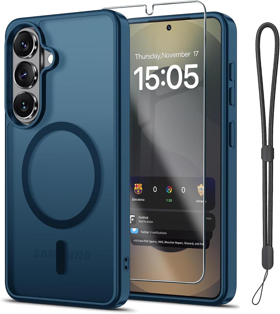 Janmitta Magnetic for Samsung Galaxy S26 Ultra/S25 Ultra Case,with Screen Protector+Wrist Strap,Compatible with MagSafe,Shockproof Slim Translucent Matte Phone Cover,Deep Blue