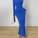 BTFBM Women Bodycon Maxi Dress Long Sleeve Back Slit Ruched Elegant Party Cocktail Formal Fall Wedding Guest Dresses (Blue)