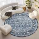 OPPODREAM Vintage Blue Round Rug 8ft, 8 ft Retro Washable Circle Rug Non Slip, Low-Pile Faux Wool Circular Carpet, Distressed Navy Floor Mat for Living Room, Bedroom, Office, Dorm, Dinning Room