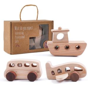 Wooden Cars for Toddlers 1-3, Wooden Vehicles Baby Cars Set with Bus, Airplane and Boat, Montessori Rattle Toys with Rolling Beads, Ideal for Boys and Girls