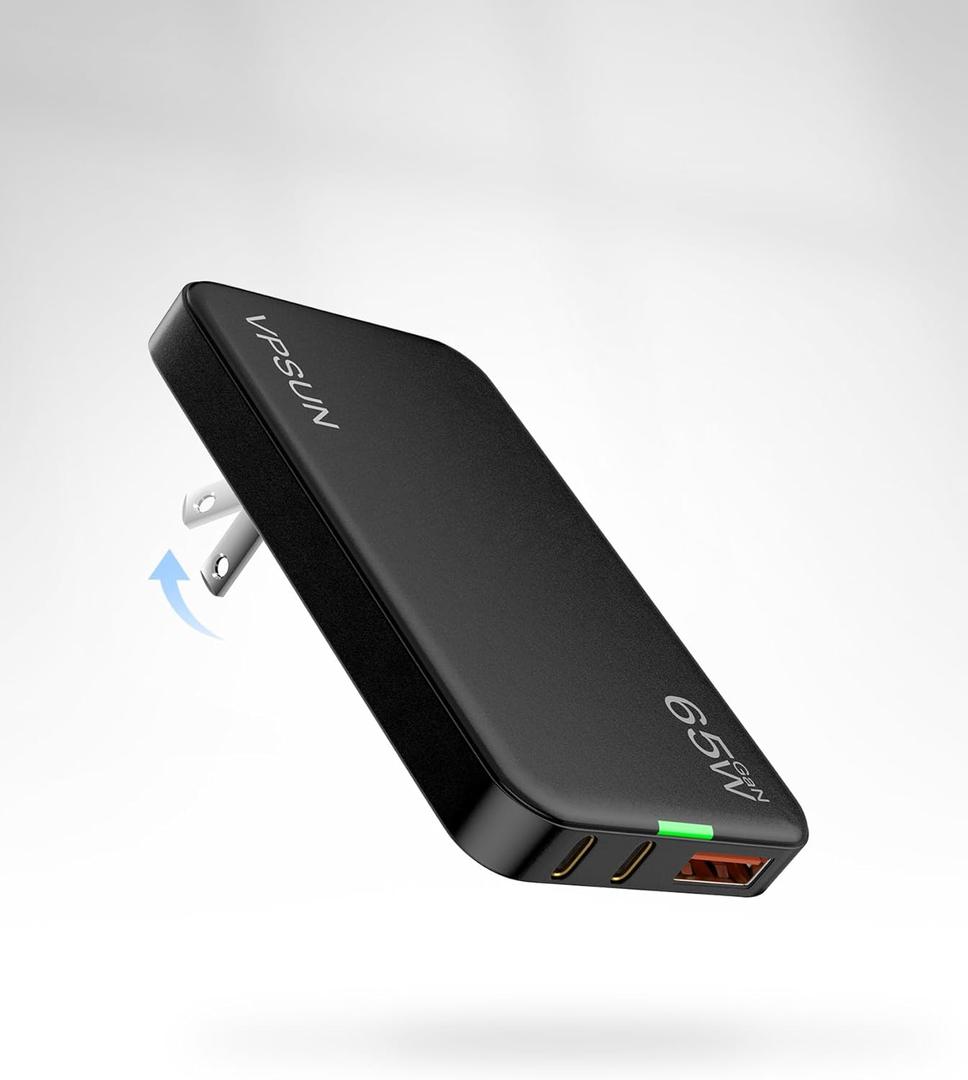 65W GaN USB C Wall Charger Block,3 Port Ultra Thin Flat USB-C Charging Plug,Foldable USB Power Adapter for MacBook,iPhone 15/16,Samsung (Black, 65w)