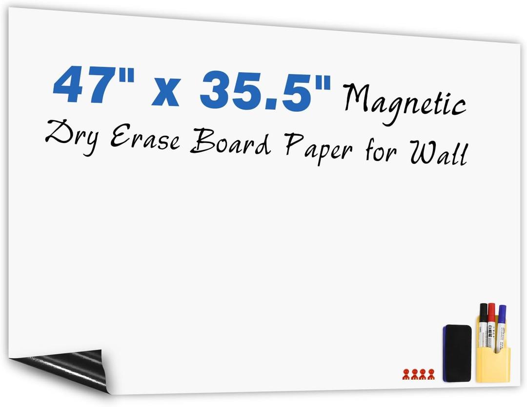 Magnetic White Board Sticker 47"x35.5" Magnetic Dry Erase White Board Paper for Wall Whiteboard Sticker for Teacher Supplies Removable Peel and Stick Whiteboard Contact Paper