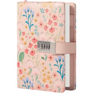 MGGAO Diary with Lock, floral diary for Women Girls, Refillable PU Leather Journal with Lock and Key, Secret Personal Daily Journal, Cute Locked Notebook for Writing Journaling, 224 Pages Lined Notebook (pink)