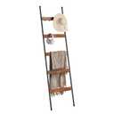 ELYKEN Blanket Ladder for Living Room, Farmhouse 5-Tier Quilt Holder with 4 Removable Hooks for Bathroom, Wood Towel Rack Display, Wall Anchor Leaning Decorative Stand for Home, Rustic Brown