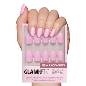 Glamnetic Press On Nails  Think Pink | Solid Opaque Light Pastel Pink Short Oval Fake Nails, Salon Quality | 15 Sizes  30 Nail Kit with Glue