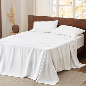 Bedsure 100% Cotton Sheets Queen Size Bed Set, Queen Sheet Set, Ultra Soft & Comfort Brushed Cotton Sheet with Deep Pocket up to 16", 4 Pieces Bedding Bedsheets & Pillowcases - White
