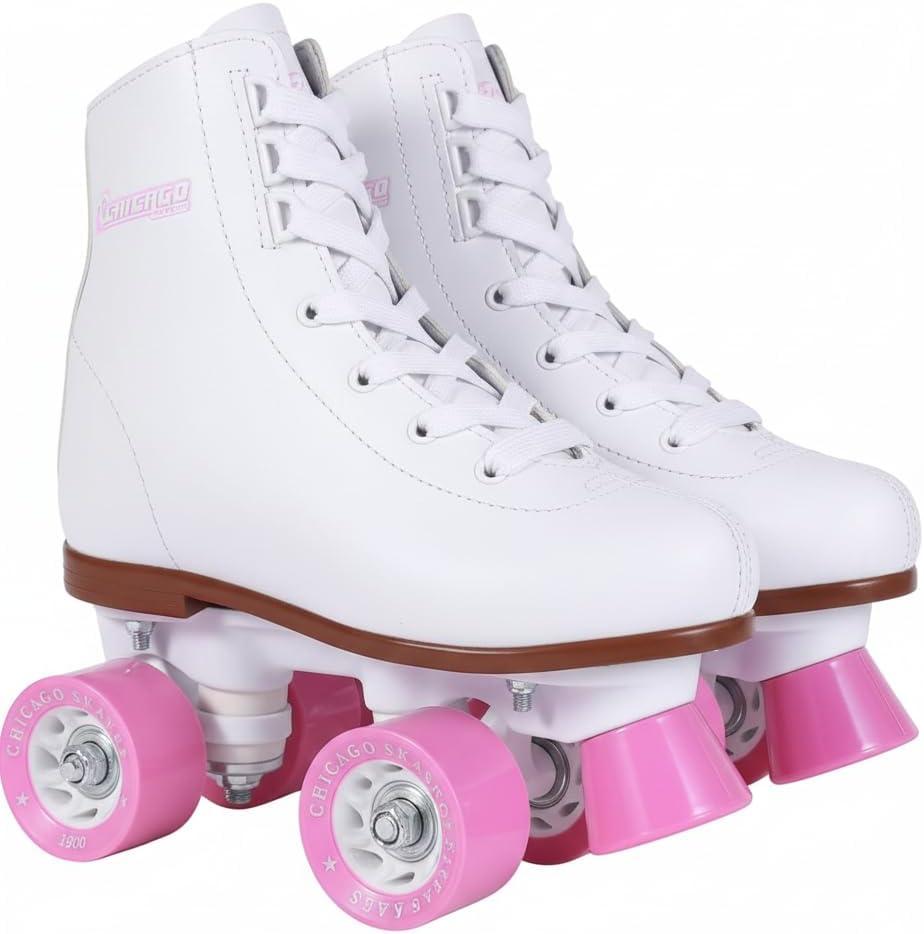 Chicago Rink Roller Skates for Girls & Boys Durable Top Performance Indoor/Outdoor Use Skate Shoes with Padded Ankle Collar, Lace-Up & Velcro Strap 54mm Urethane Wheels, Semi-Precision Bearings (Size: Girls / Boys - J10, White)