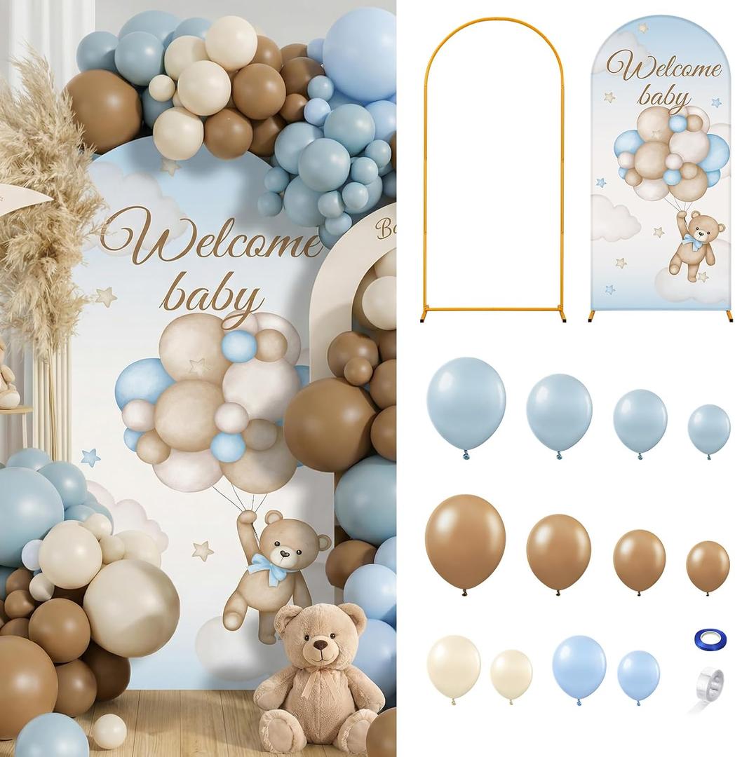 148 Pcs Bear Baby Shower Decorations Balloon Metal Arch Backdrop Stand and Cover Set Decor Dusty Blue and Brown Balloon Arch Kits Bear Baby Shower Gender Reveal Birthday Party Decorations, 18/12/10/5 inches