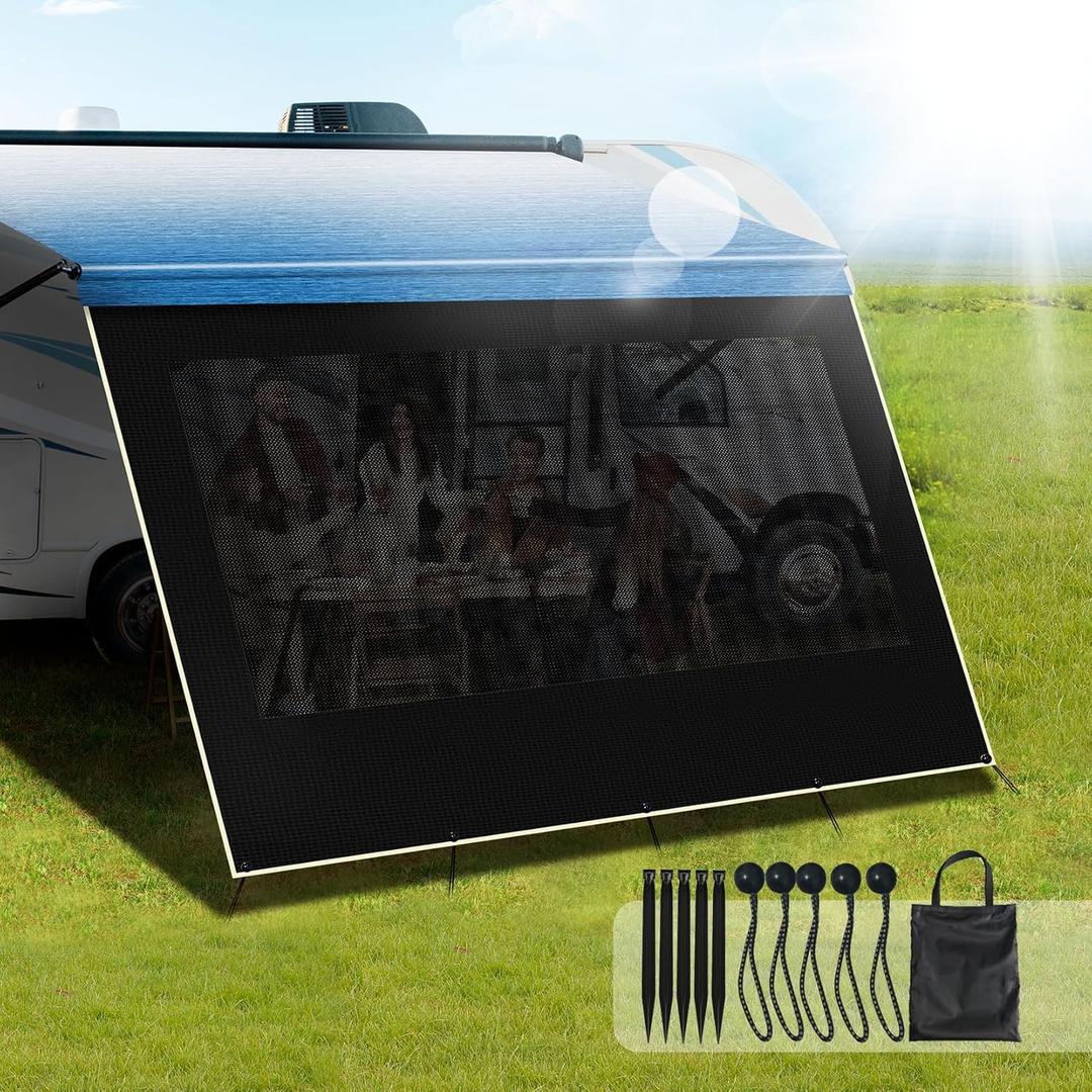 RV Awning Sun Shade Screen, 90% UV Blocking Mesh & 600D Waterproof Oxford Fabric, Retractable RV Shade Screen for Campers, Trailers, Motorhomes (No Curtain, 8'X20'3'' for 21 ft Awning)