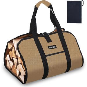 Goture 16oz Waxed Canvas 38.5×18 inch Firewood Carrier Heavy Duty Log Carrier Large Firewood Bag with Open-Side Firewood Storage Tote for Camping Indoor Black with Kindling Bag