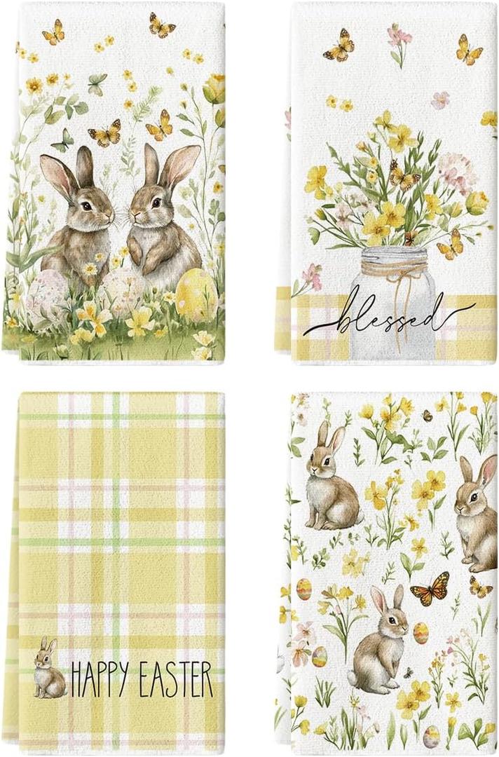 Artoid Mode Butterfly Rabbits Bunny Easter Kitchen Towels Dish Towels, 18x26 Inch Flower Egg Spring Farmhouse Holiday Decoration Hand Towels Set of 4