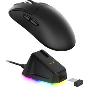 LTC GM022 Ultralight 3-Mode Wireless Gaming Mouse with RGB Charging Dock, PAW3395 26K DPI Sensor, 55G Lightweight Ergonomic Bluetooth Gaming Mouse, 5 Programmable Buttons, 80 Million Click Switch (Black)
