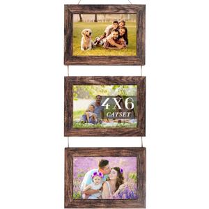 Wall Hanging Frame 5 x 7 Inch Collage 3 Picture frames, Wooden Gallery with String, Horizontal Collage Brown Triple Frame Made to Display 4 x 6 Inch Photos for Wall Wecoration, Set of 3 (Brown)