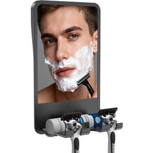 Shower Mirror for Shaving Fogless with Multifunctional Storage for Razor and Shaving Foam Canister, Adhesive or Screw Optional Installation,Adjustable Angle, Black