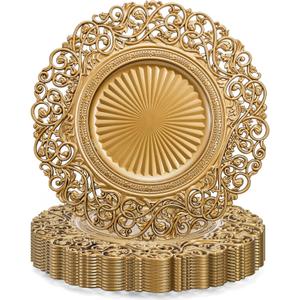 Foraineam Gold Charger Plates Set of 12, 13" Round Plastic Dinner Chargers, Decorative Hollowed Out Flowers Serving Plates for Table Setting, Catering, Wedding, Party, Event