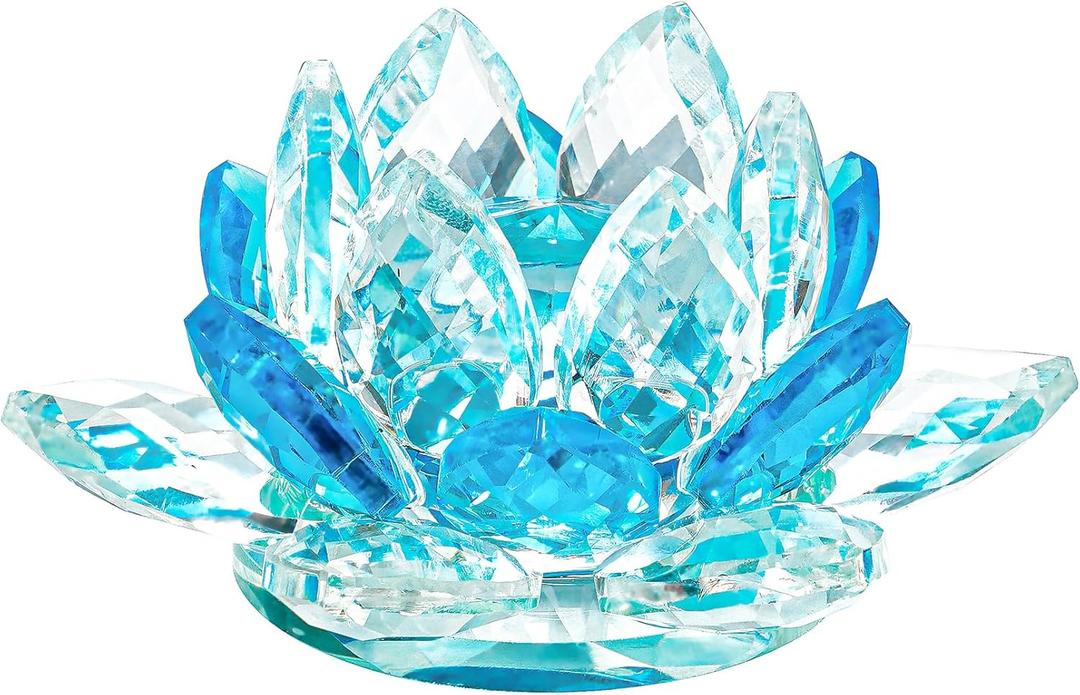 Crystal Lotus Flower Bicolor - Hue Reflection Glass Lotus Flower Feng Shui Home Decor Lucky Charm Crystal Figurine with Gift Box (Blue, 3.3 inches)