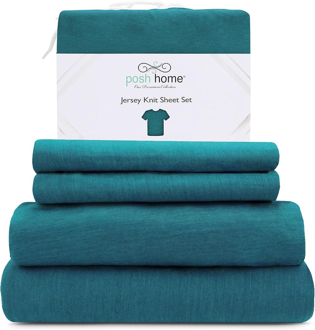 Posh Home Jersey Knit Sheets - 3-Piece Set - Breathable & Soft Cotton Jersey - Includes Flat Fitted Sheet & 1 Pillowcase - Twin, Teal