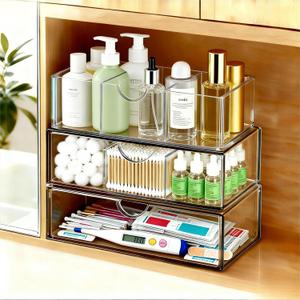 Medicine Cabinet Organizer with Removable Dividers, 3-Tier Stackable Drawer Storage for Bathroom, RV, Vanity, Countertop & Desk