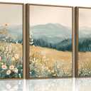 KISSFOX 3 Piece Framed Wall Art Floral Wall Decor Landscape Pictures Mountain Canvas Art Daisy Wildflower Paintings Modern Farmhouse Artwork For Bedroom Bathroom Living Room, 16x24 In Natural Framed