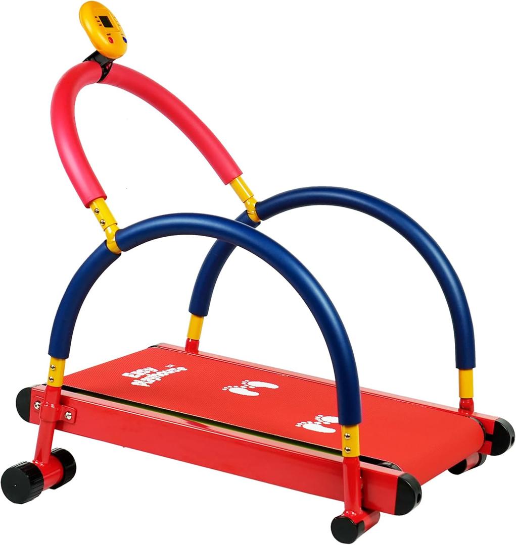 Easy Playhouse: Kids Treadmill - Red & Blue, Manual Self-Propelled Motion, Foam Handlebars, Walk & Jog Pad, Exercise Equipment, LED Display, 150lb Cap
