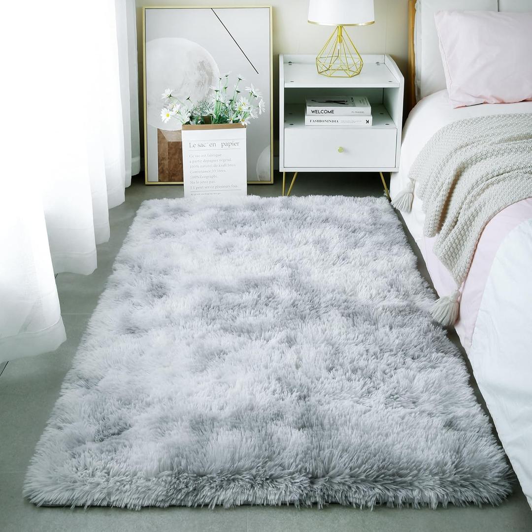 KICHOWUA 3x5 Fluffy Shag Light Grey Rug for Bedroom, Soft Fuzzy Plush Washable Non Slip Carpet, Comfy Shaggy Furry Small Area Rug for Living Room, Kids Baby Boys Girls Nursery Dorm, Tie-Dye Gray