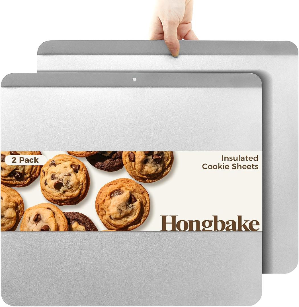 HONGBAKE 2 Pieces Large Flat Cookie Sheet No Edges, Nonstick Insulated Baking Pan, Commercial Oven Trays for Cooking, 16" x 14", Grey