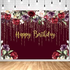 Withu Burgundy Red Birthday Backdrop for Women Gold Glitter Dots Floral Flowers Wall Cake Table Decorations Banner Theme Bday Party Photo Photography Background 7x5ft