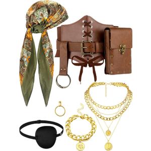 9 Pcs Pirate Costume Accessories Women Pirate Bandanas Head Scarf Renaissance Corset Belt Pouch Eye Patch Jewelry (M:Fit Waist Size 30-36inch, A-brown Green)