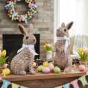 Rattan Effect Resin Easter Bunny Figurines Decor 2 PCS Wicker Looking Rabbit Decorations with Bow for Spring Table Centerpieces Indoor Farmhouse Home Decor(Small Rattan)